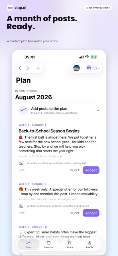 App Store screenshot - the Plan screen in zlap.ai
