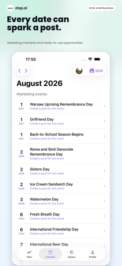 Calendar screen with marketing occasions