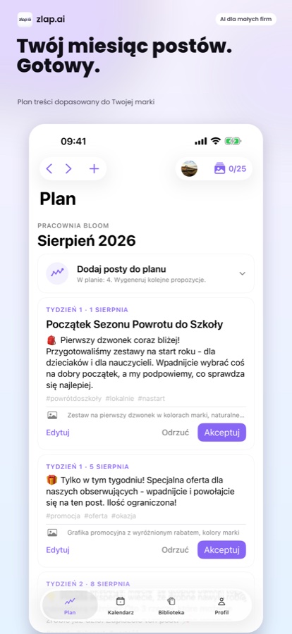 Zrzut ekranu ze zgłoszenia w App Store - ekran Plan w zlap.ai